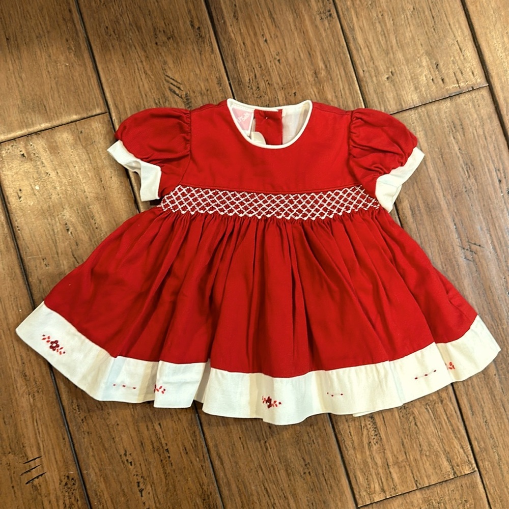 Baby Girl Smocked Dress Corduroy Short Sleeve 3m EUC Red Cream Holiday Christmas